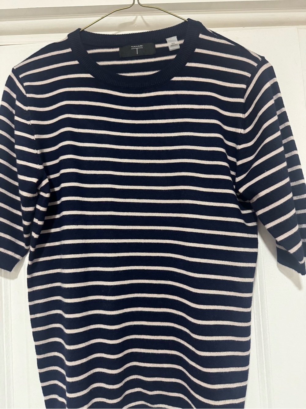 Tahari Women's Navy and White Striped Crewneck Sweater